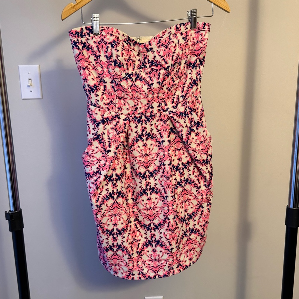 MM Couture Pink Navy White Strapless Dress w/ pockets Women’s Sz XS
